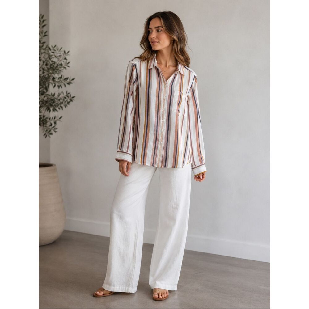 SKY And SPARROW Striped Button Front Shirt Cotton Viscose Long Sleeve Size L